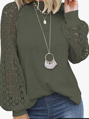 Olive Green Lace-Sleeve Waffle Knit Pullover